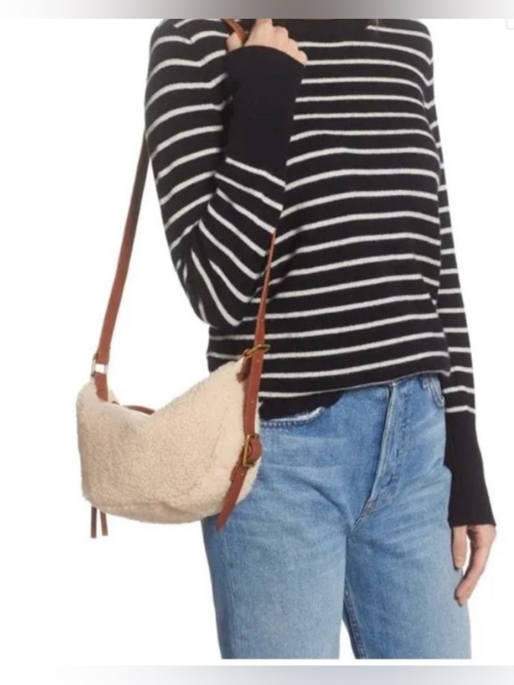 EUC Madewell The Resourced High Pile Fleece Sling Bag with Brown Leather Trim